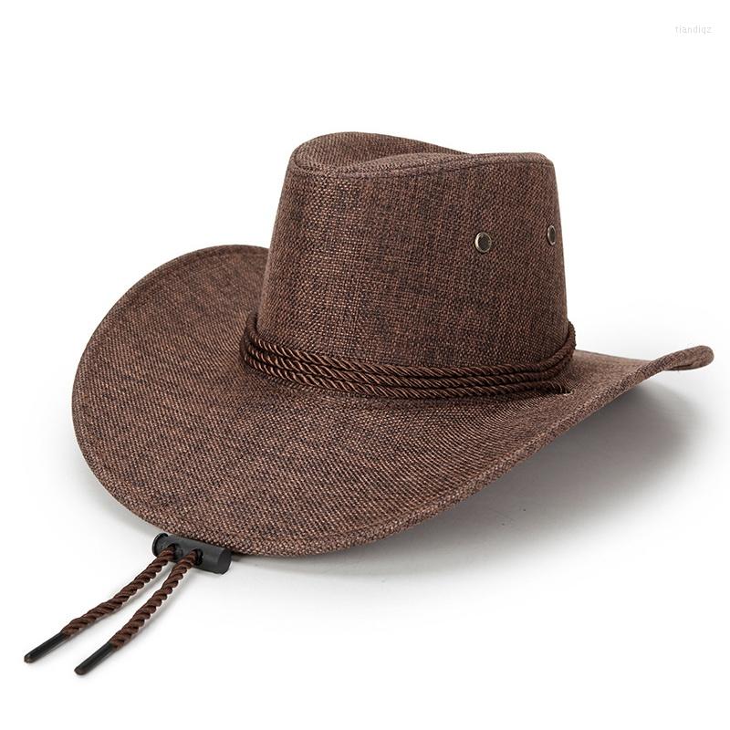 

Berets Men's Western Cowboy Hat Fashion Linen Straw Outdoor Travel Sun Jazz Big Brim Chic Knight Caps, 03