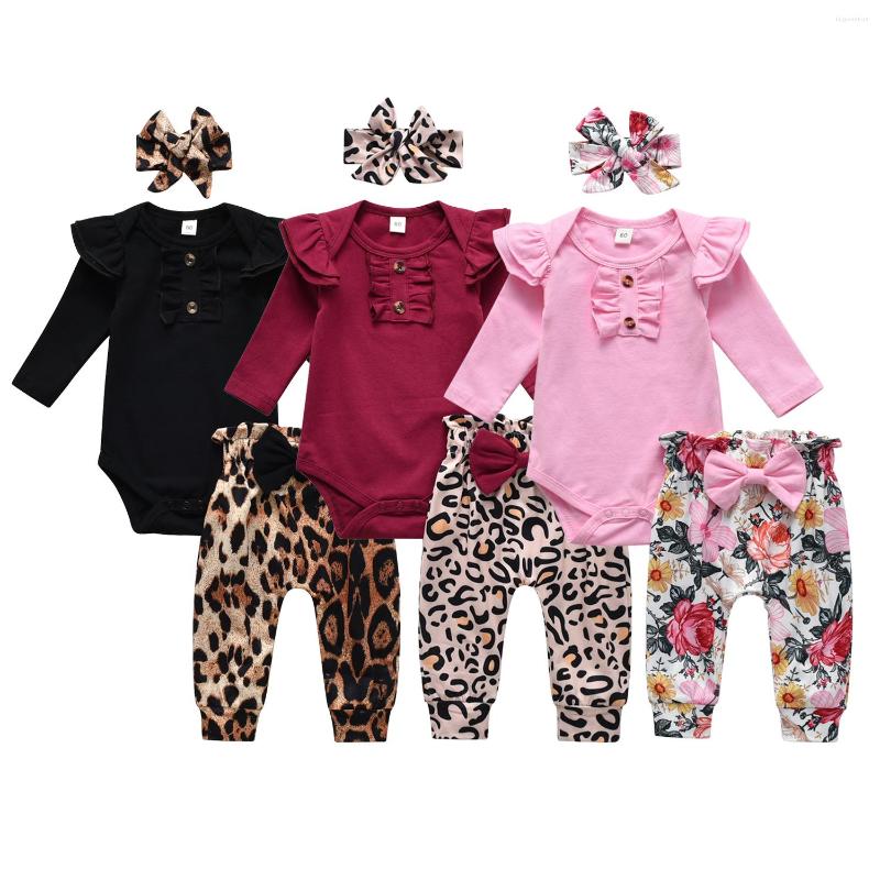 

Clothing Sets Spring Autumn Infant Baby Girls Fashion Clothes Set Ruffles Long Sleeve Solid Romper Pants With Bow Headband Born Outfit, Red