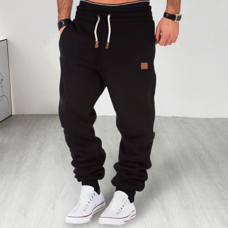 

Men's Pants Men Sweatpants Mid-Rise Elastic Waistband Fitness Trousers Pockets Thickened Faux Leather Logo For Autumn Winter, Black