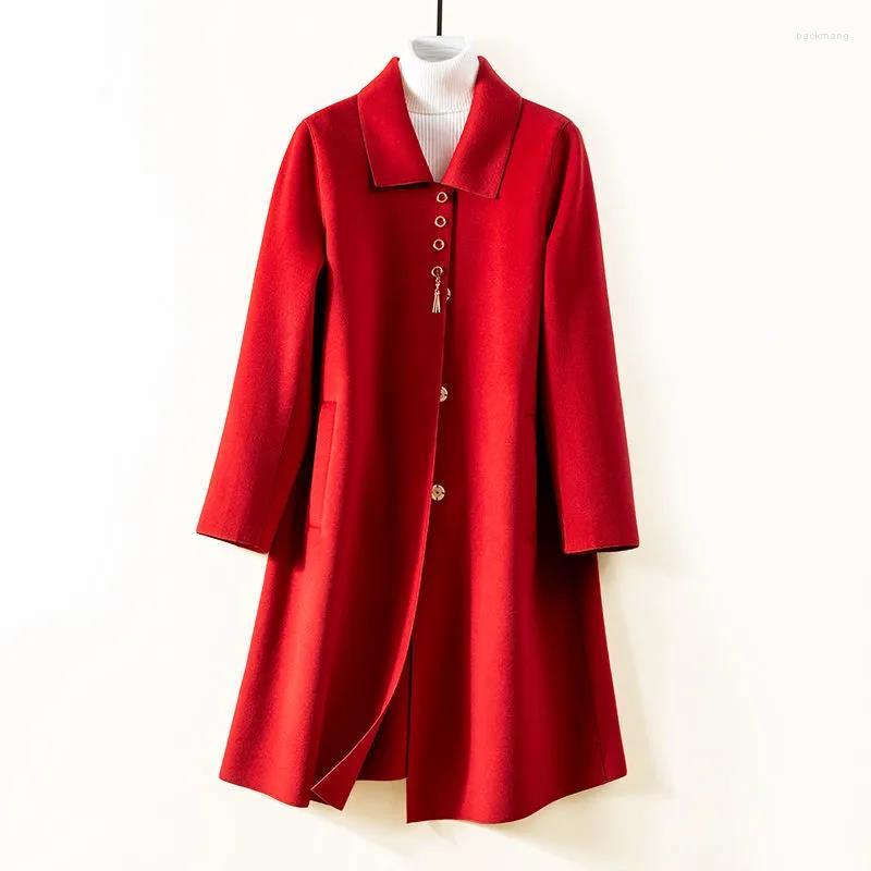 

Women's Wool Double-Sided Woolen Trench Coat Mid-Length Coats Women 2022 Autumn Winter Fashion Elegant Overcoat Female Outerwear, Red