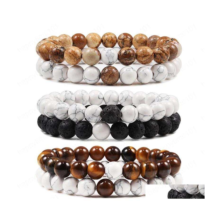 

Beaded 2Pcs/Set Men Tiger Eye Beads Bracelets Classic Natural Lava Stone White And Black Yinyang Couple Bracelet For Women Drop Deli Dhqsy