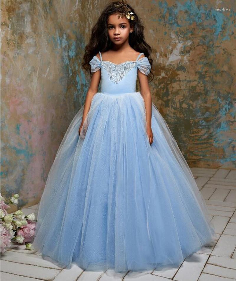 

Girl Dresses Sky Blue Flower Girls Dress Lace Appliques Tulle Floor Length Backless First Communion Fluffy Party