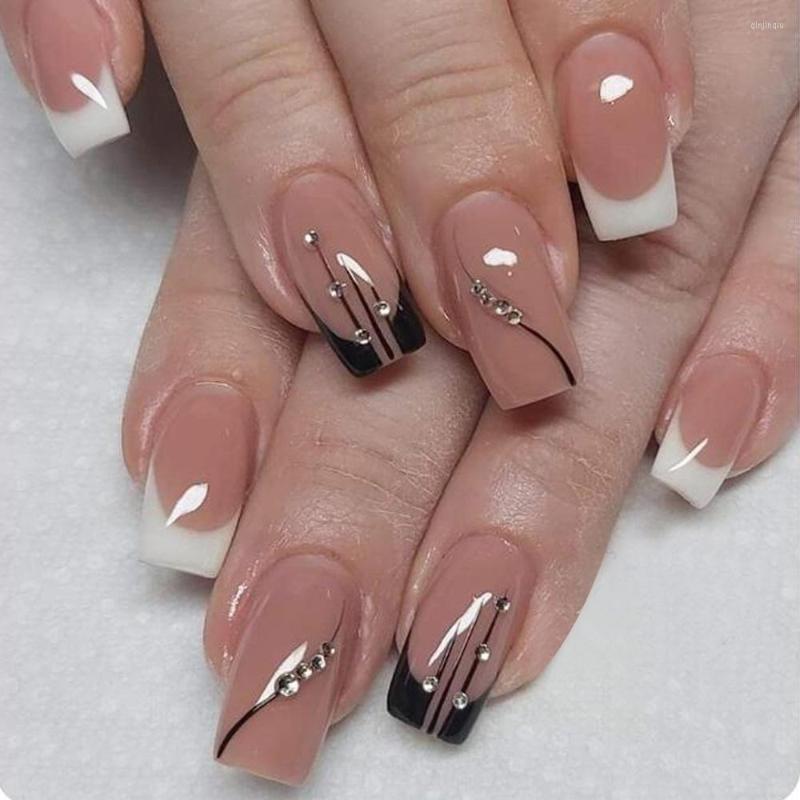 

False Nails 24pcs Removeable Nude French Fake With Rhinestones Designs Short Coffin Press On Sets Artificial, 108