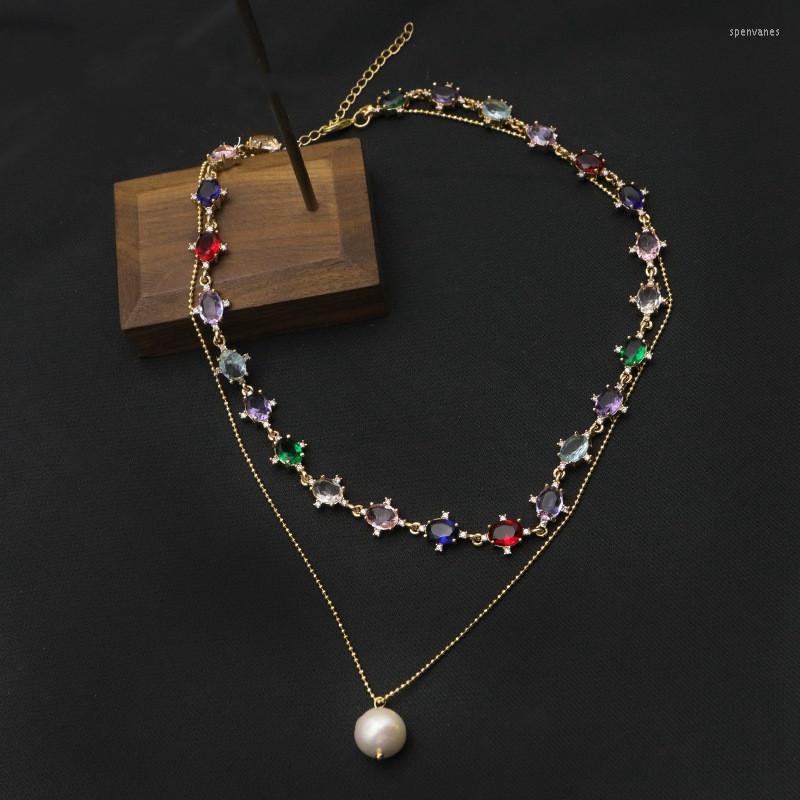

Chains Pearl Pendants Double Layer Necklace For Women Multicolor Zircon Clavicle Glitter Fine Jewelry Luxury Birthday Gifts
