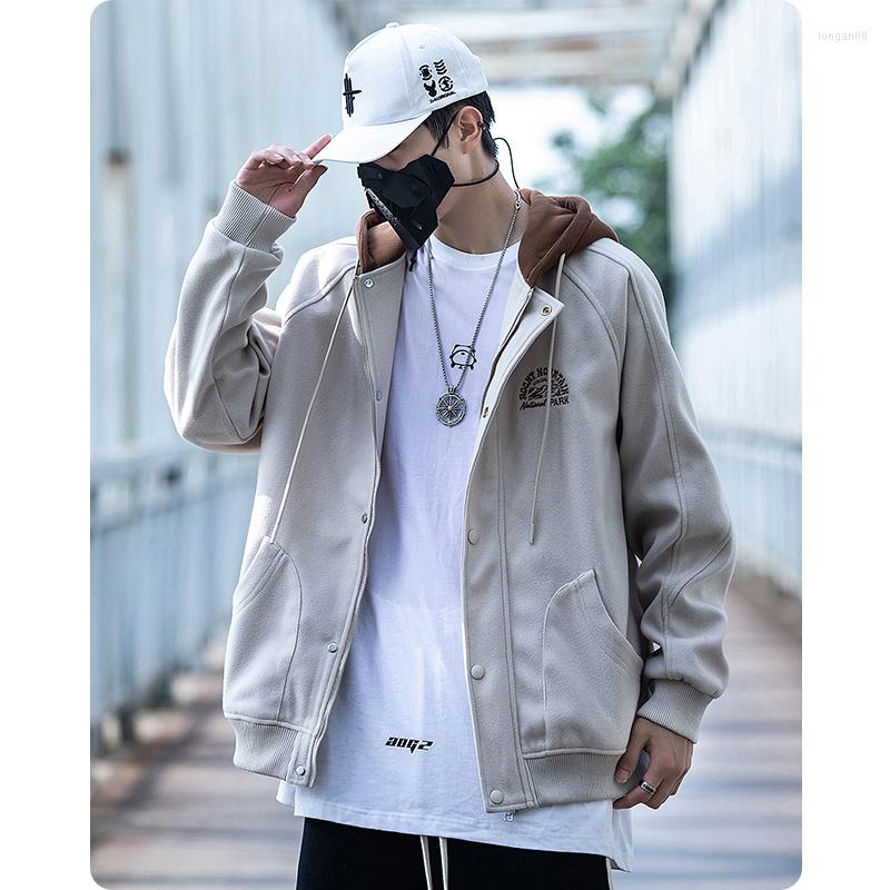 

Men's Jackets Unisex Spring Autumn Two Fake Pieces Parka Color Contrast Hooded Loose Embroidered Couple Jacket Coat Men'S Clothes, Beige