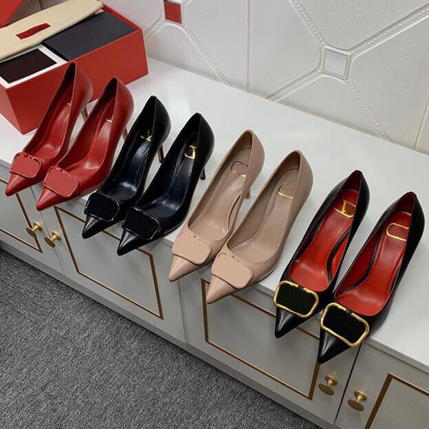 

2022 Dress Shoes Buckle Shoes High Heels Pumps Ladies Wedding Shoes Black Heels Shoe Metal V Tacones Pointed Toe Stilettos Sexy