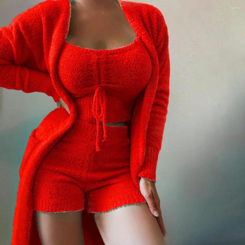 

Women' Tracksuits Fashion Cardigan Coat 3 Piece Set Womens Autumn Warm Outerwear Sexy Winter Plush Shorts Crop Tank Top Streetwear 2022, White