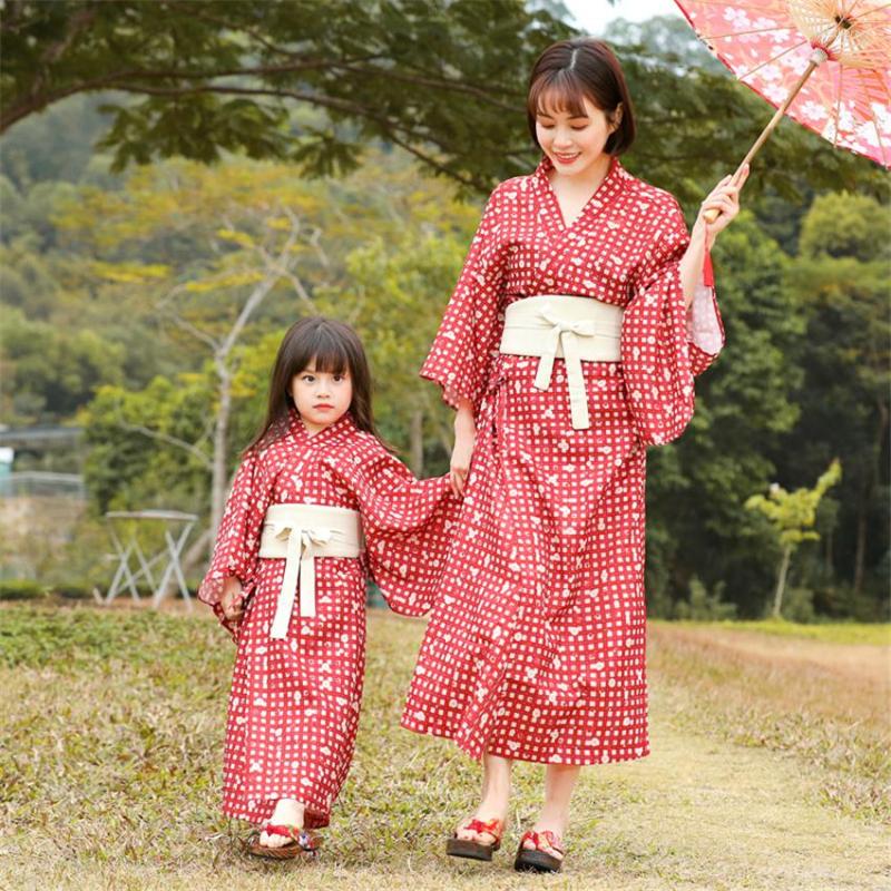

Ethnic Clothing Japanese Kimono Yukata Mom And Daughter Matching Clothes Women Girls Spring Summer Plaid Print Cardigan Obi Belt Robe