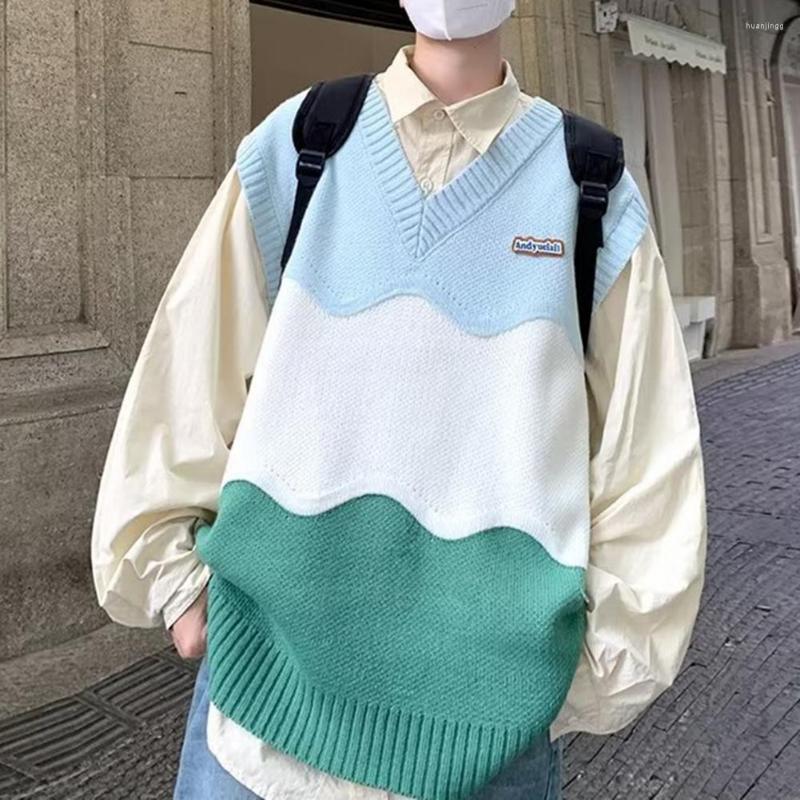 

Men' Vests V Neck Sleeveless Ribbed Trim Thick Men Vest Autumn Winter Stitching Color Student Knitted Waistcoat, Green