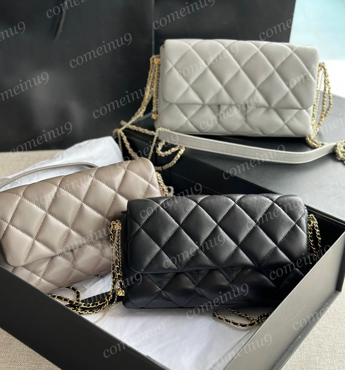 

Top Original 2023 Lambskin Medium Flap Bag Pearl Lock Designer Women Crossbody Shoulder Bags Heavy Chain Hardware 24cm Real Leather Handbags with box 10A, Gray