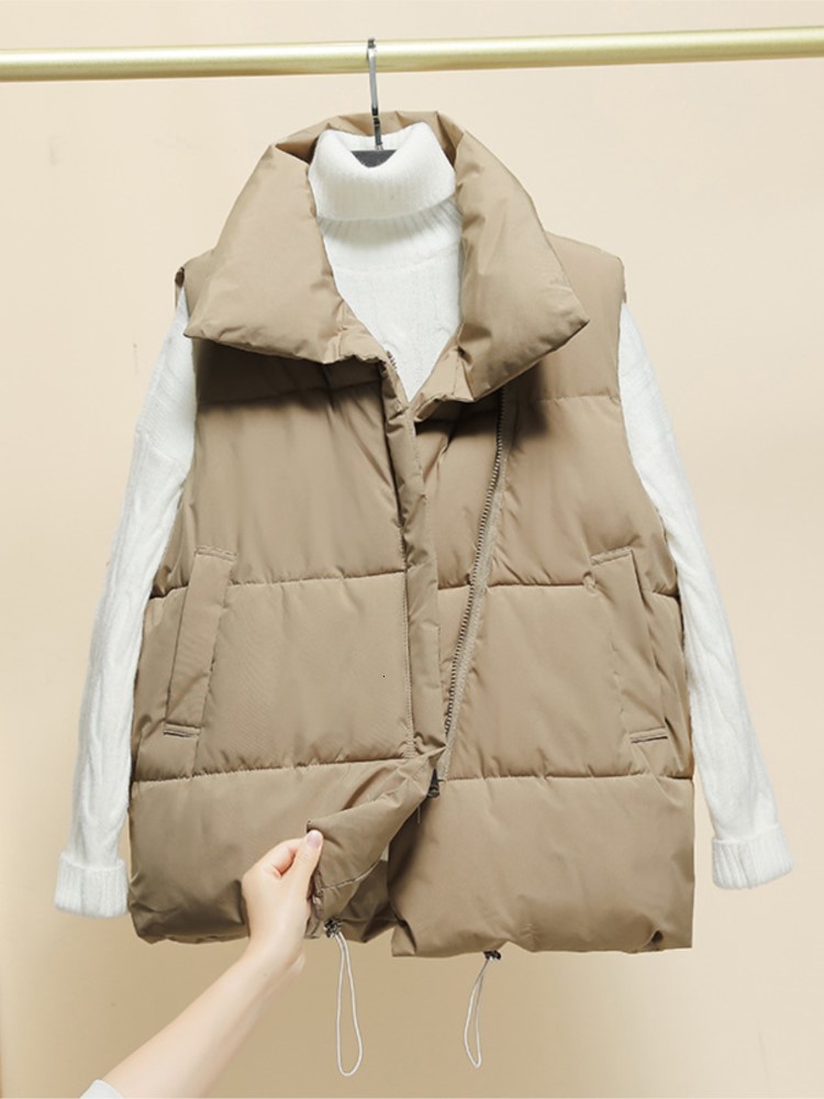 

Women's Vests Down vest female collar sleeveless coat winter leisure han edition with a loose warm zipper pure color A05D 221202, Beige