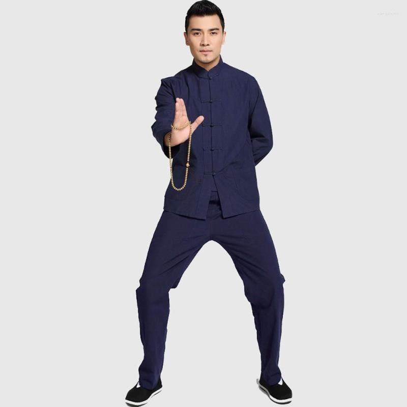 

Ethnic Clothing High Quality Jacket&Trousers Chinese Men's Solid Suit Cotton Loose Wu Shu Tai Chi Sets Navy Blue