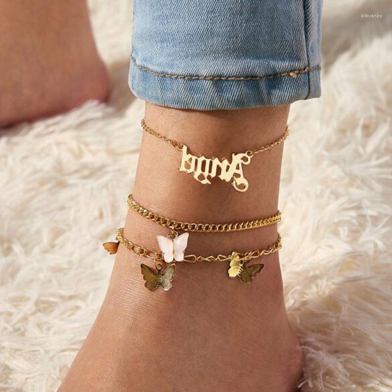

Anklets 2022 Summer Beach Ankle Bracelet Girls Butterfly Angle Letter Alphabet Pink Pendant Alloy Multilayer Foot Jewelry For Womens