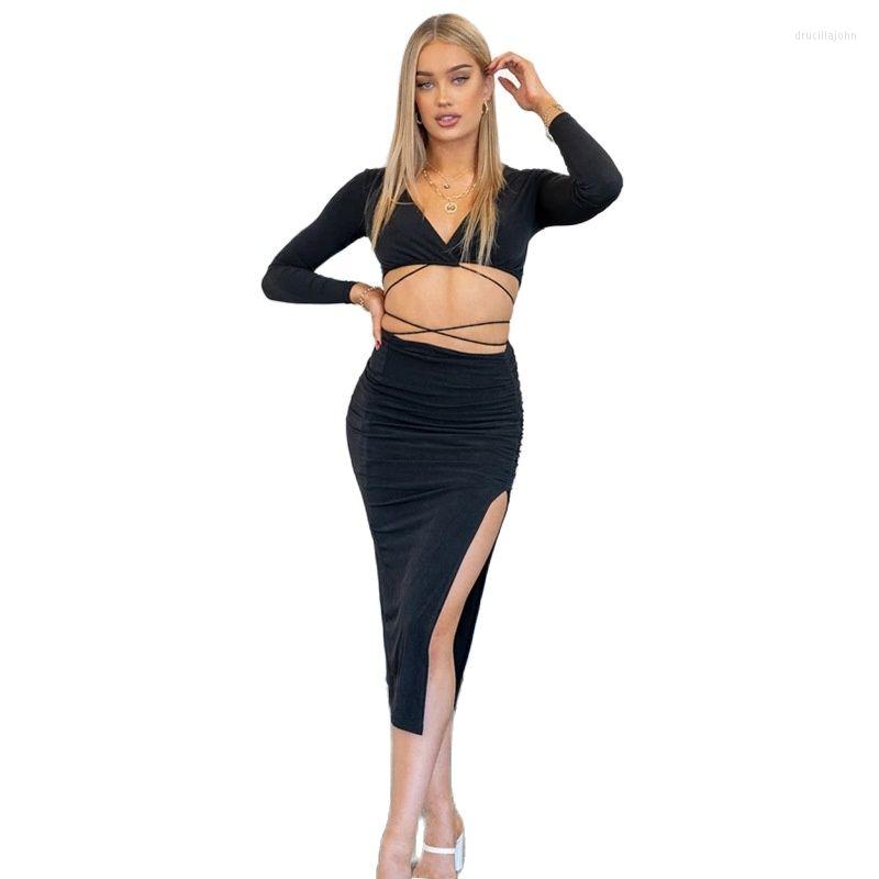 

Work Dresses Set Woman 2 Pieces Spring And Autumn Skirts Red Lace Up Long Sleeve Crop Top Slit Mini Skirt Matching Party Dress, Black