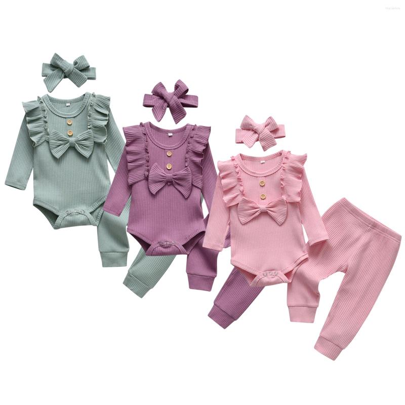 

Clothing Sets 3Pcs Born Baby Girl Clothes Set Solid Color Long Sleeve Romper Tops Pants Headband Toddler Spring & Autumn Outfits, Green