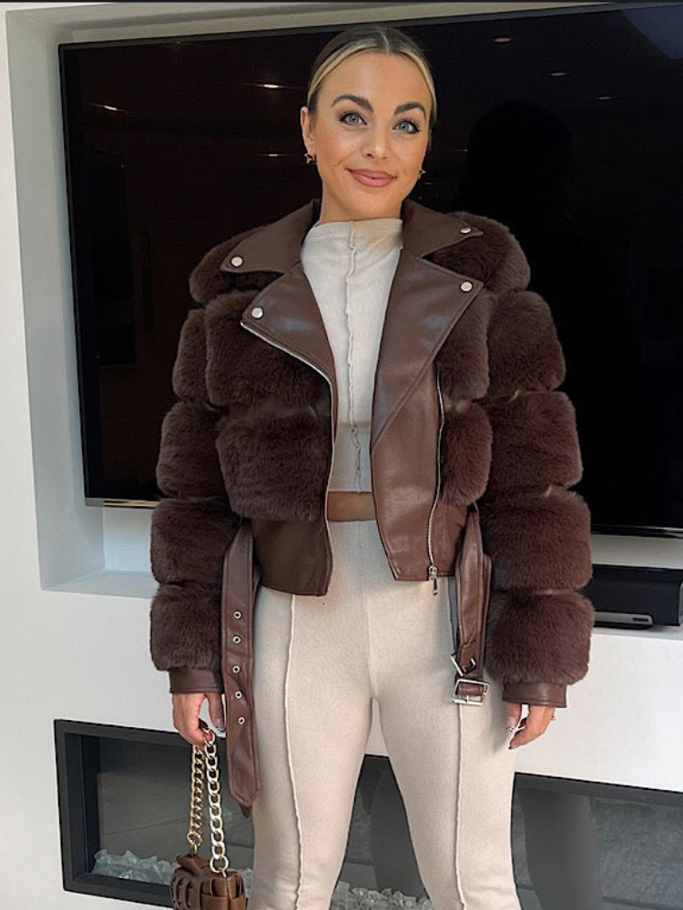 

Women' Fur Faux RR1485 Coats with PU Leather Wholeskin Eco Jacket Outwear Luxury Women Winter Slim Warmer 221202, Black