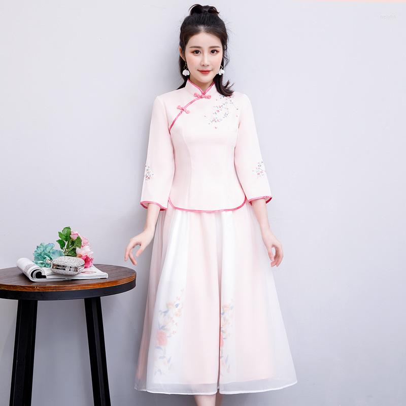 

Ethnic Clothing Sheng Coco Chinese Hanfu Suit Guzheng Woman Cotton Linen Style Tops And Skirt Traditional Dress Suits
