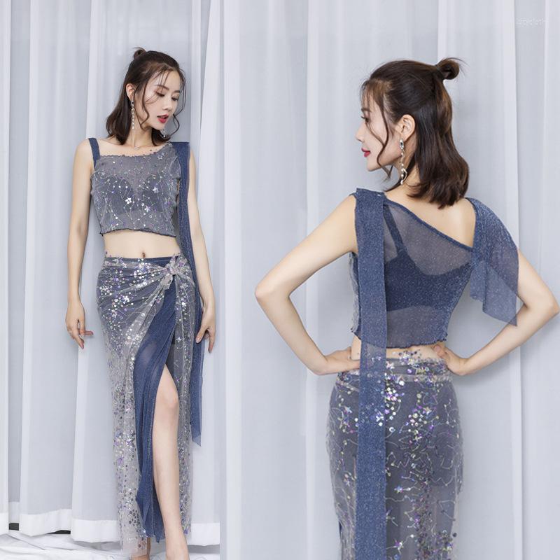 

Stage Wear Women Belly Dance Mesh Hip Scarf Skirt Sexy Sequined Fairy Training Suit Female Orient Performance, See chart