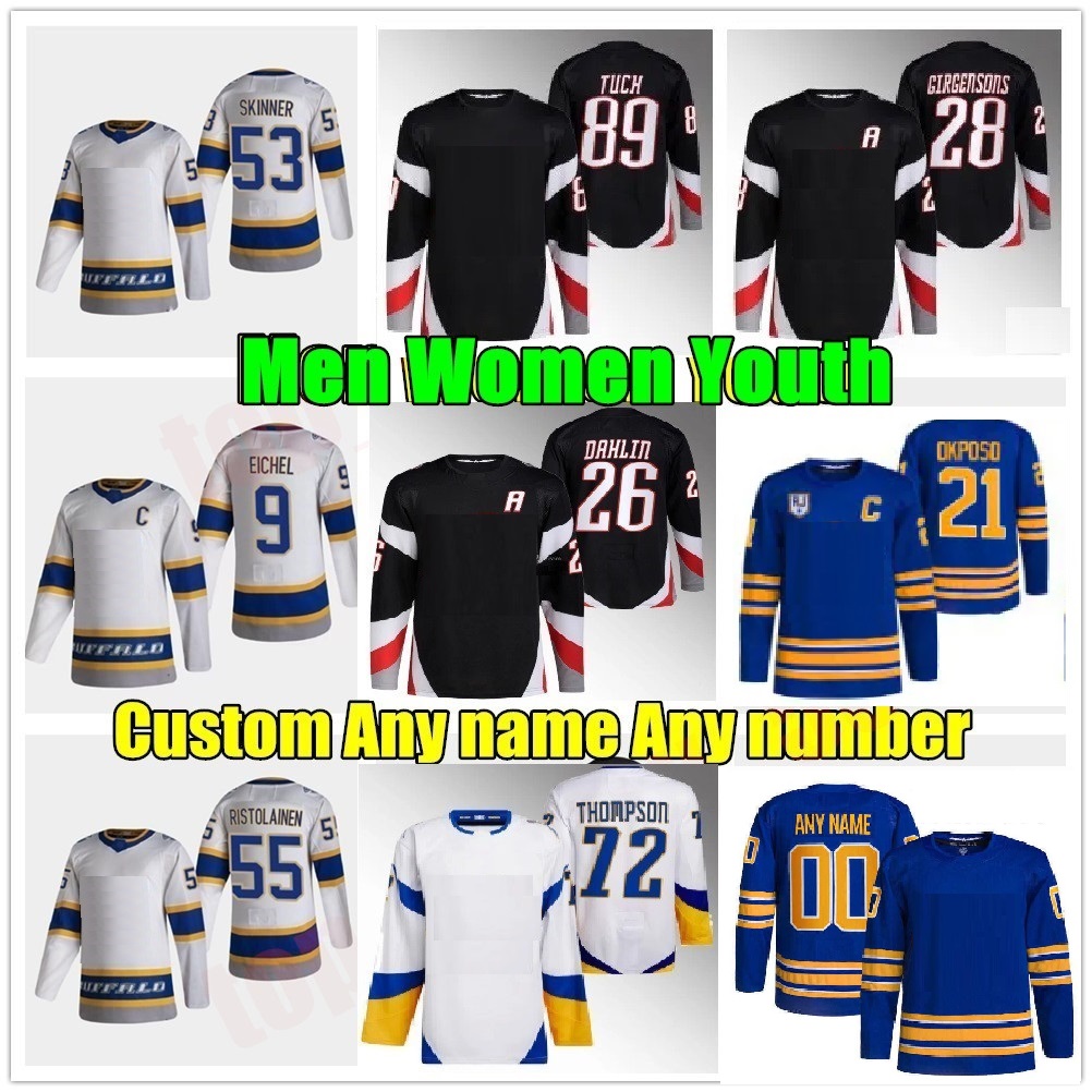 

2022-23 Jeff Skinner Sabres Reverse Retro Jersey Buffalo Alex Tuch Victor Olofsson Kyle Okposo Rasmus Dahlin Owen Power Tage Thompson Riley Sheaha Bryson Jerseys, As shown in illustration