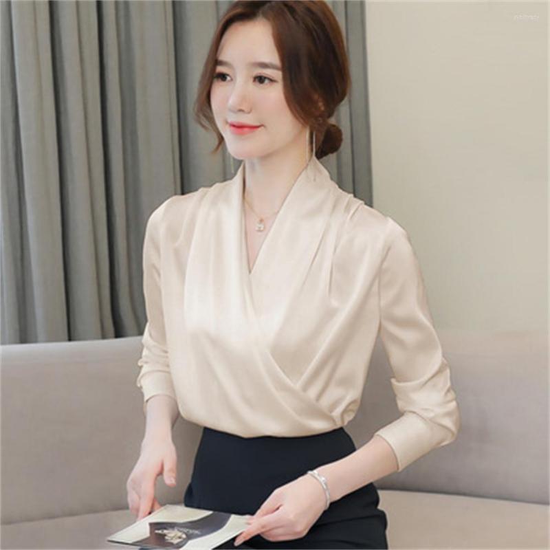 

Women' Blouses 2022 Elegant Satin Women Blouse Sexy V Neck Office Ladies Shirts Casual Solid Long Sleeve Spring Female Party Tops H979, Green