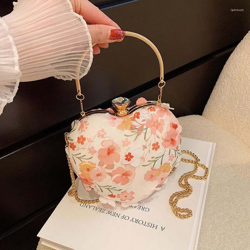 

Evening Bags Heart Tote For Women 2022 Flowers Small Handbag Woman Chain Fashion Cute Shoulder Bag Ladies Party Crossbody, Blue
