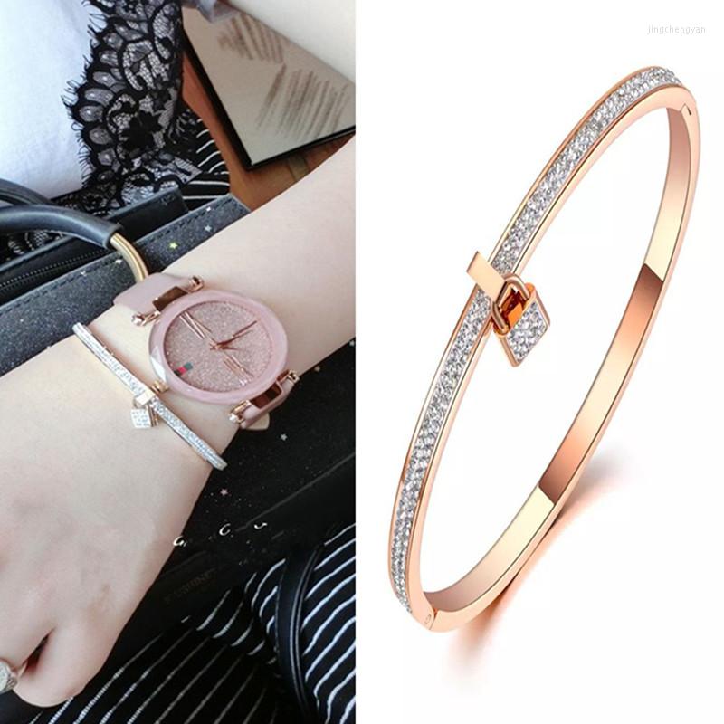 

Bangle Full Crystals Lock Lover Bangles Bracelets For Women Stainless Steel Zirconia Charm Party Jewelry Gift