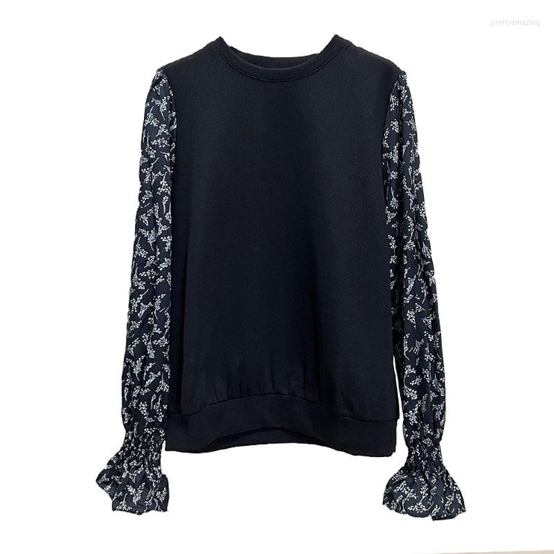 

Women's Blouses Printed Shirt For Women Summer 2022 In Patchwork Long Sleeve Fashion Slim Fit Top Korean O-Neck Casual Clothing, Black