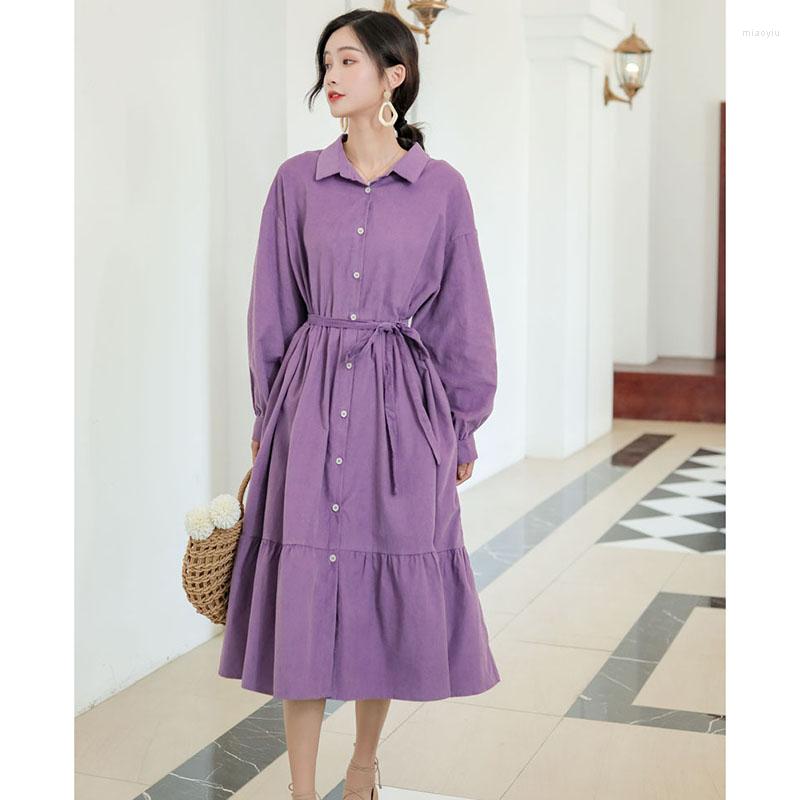 

Casual Dresses Purple Single-breasted Women Dress 2022 Spring Fashion Long Sleeve Vestidos Elegant Ladies Shirt With Belt