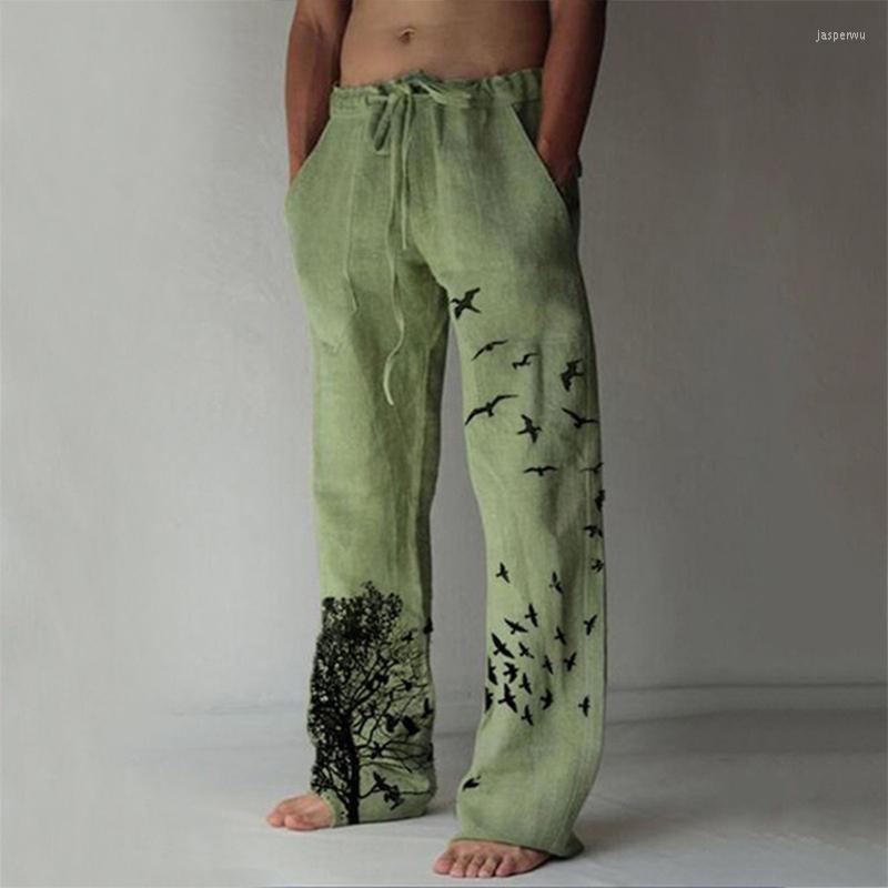 

Men' Pants 5XL 2022 Linen Men Beach Wear Breathe Spring Autumn Casual Drawstring Elastic Printing Loose Fashion Trousers, Green