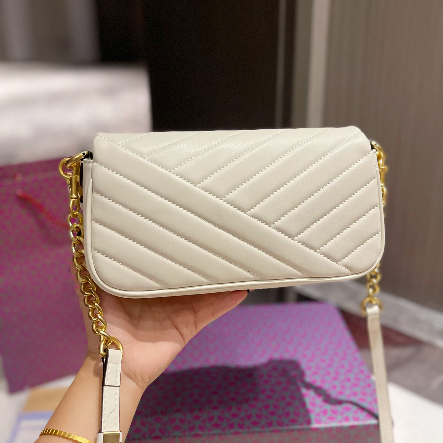 

Designer Bag Celebrity identical Hardware Large logo Soft Twill leather print luxury fashion women's baguette underarm chain purse with free box, White 25cm