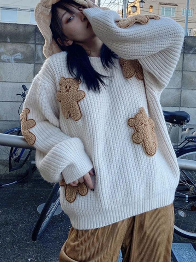 

Women' Sweaters HOUZHOU Kawaii Oversize Sweater Woman Bear Patchwork Long Sleeve Thick Knit Korean Fashion Cute Tops Winter Pullover, Navy blue