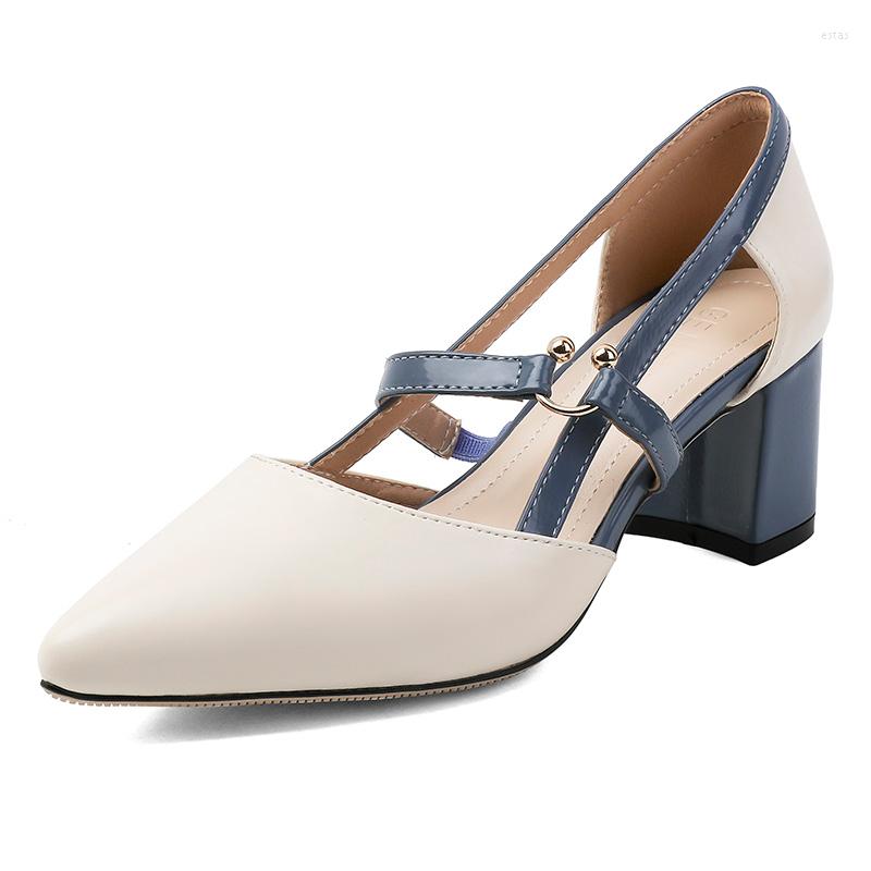 

Sandals Tip And Bag Heel Women High Sharp Thick Buckles Ribbons Splicing Spring Summer 2022, Blue