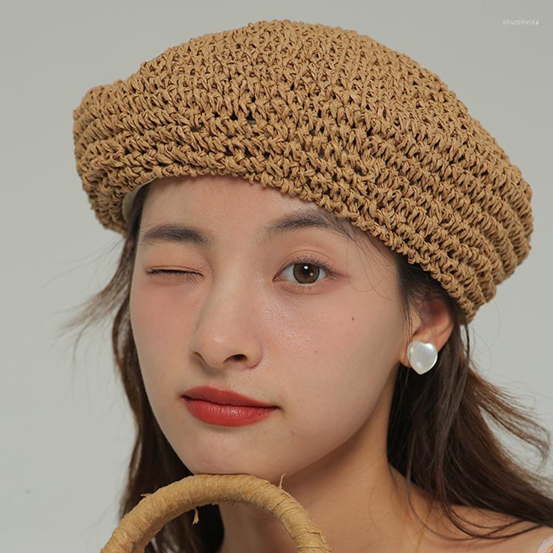 

Berets 2022 Handmade Straw Sun Hat Women Summer Elegant Beret Ladies French Style Fashion Spring Vintage Painters, White