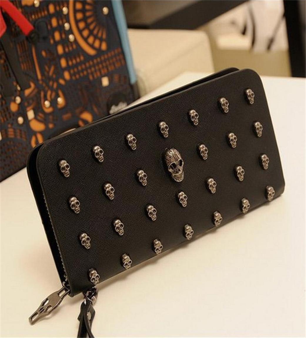 

2017 Women Wallets Metal Skull Wallet Card Purse Leather Wristlet Portefeuille Handbags Carteira Feminina7287328, Black