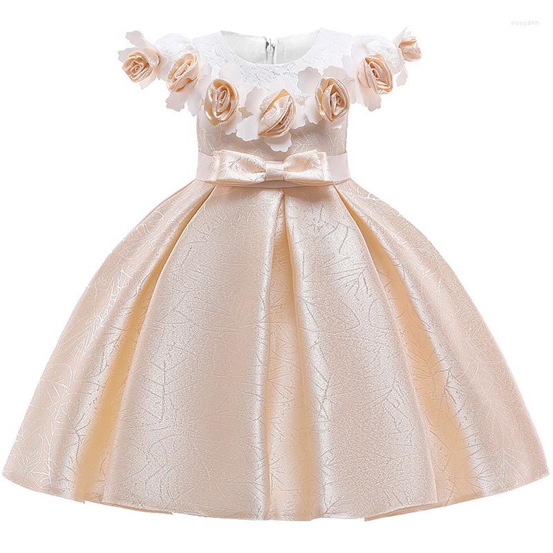 

Girl Dresses Style Flower Wedding Party One-character Shoulder Suspender Dress Bow Nail Pearl Banquet Ball Vestido, Red