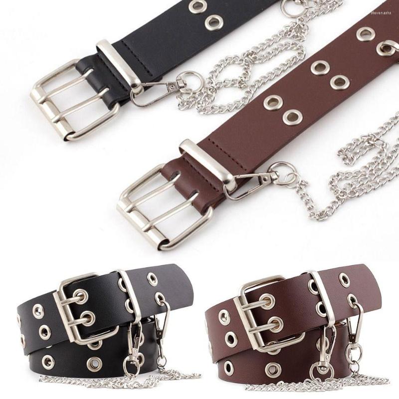 

Belts Fashion Casual Vintage Luxury Design Leather Wide Belt Metal Chain Punk Waist Band Pin Buckle Waistband, Black