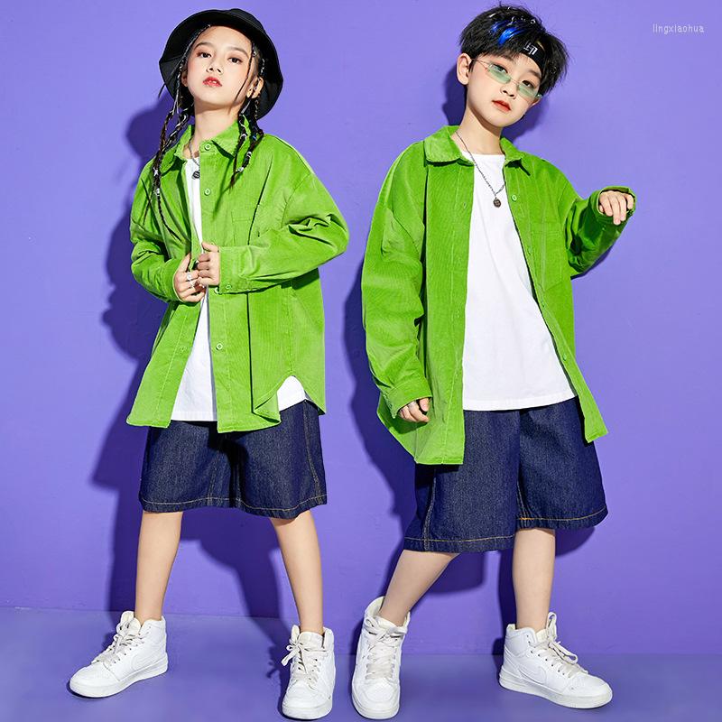 

Clothing Sets Children Hip Hop Green Oversized Corduroy Shirt Top Streetwear Summer Shorts For Girls Boys Jazz Dance Costume Clothes, 1pcs vest