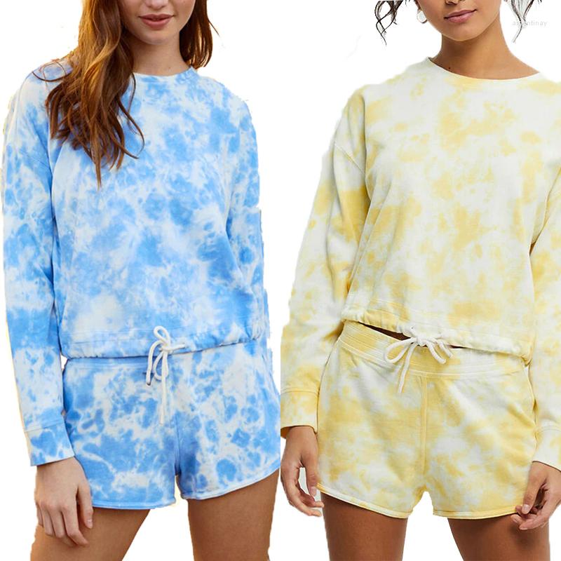 

Women' Tracksuits Women 2 Pieces Shorts Set 2022 Casual Loose Tie Dye Printed O Neck Long Sleeve Shirts Tops With High Waist, Blue