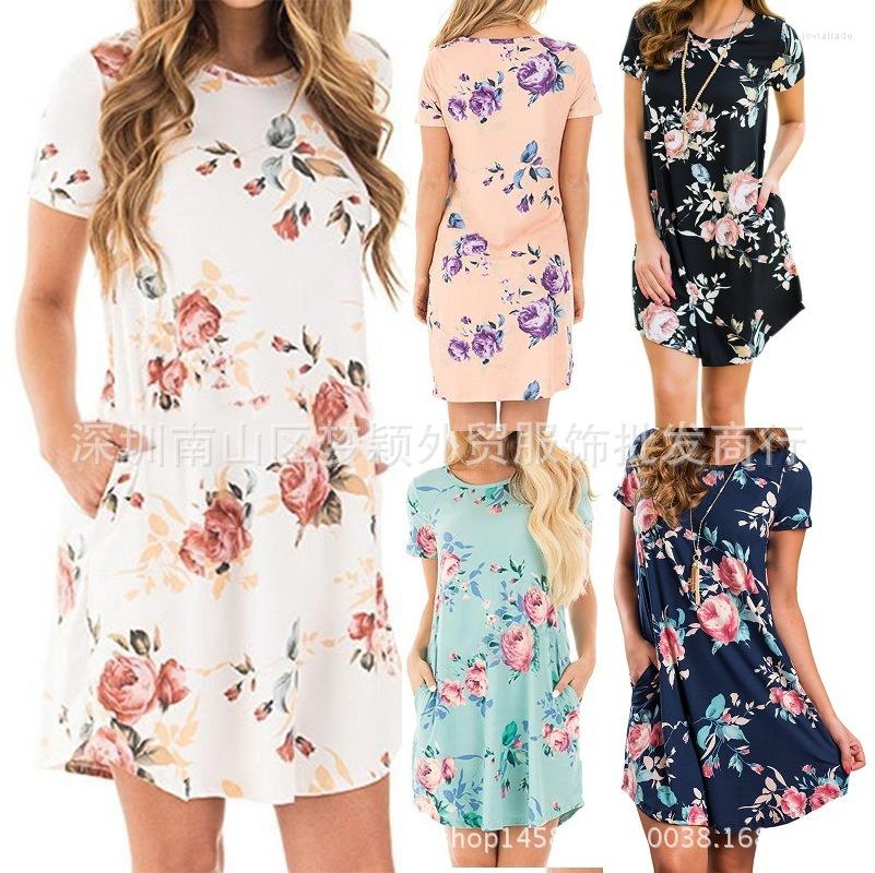

Casual Dresses Printed Short Sleeve Round Neck Pocket Dress, Black
