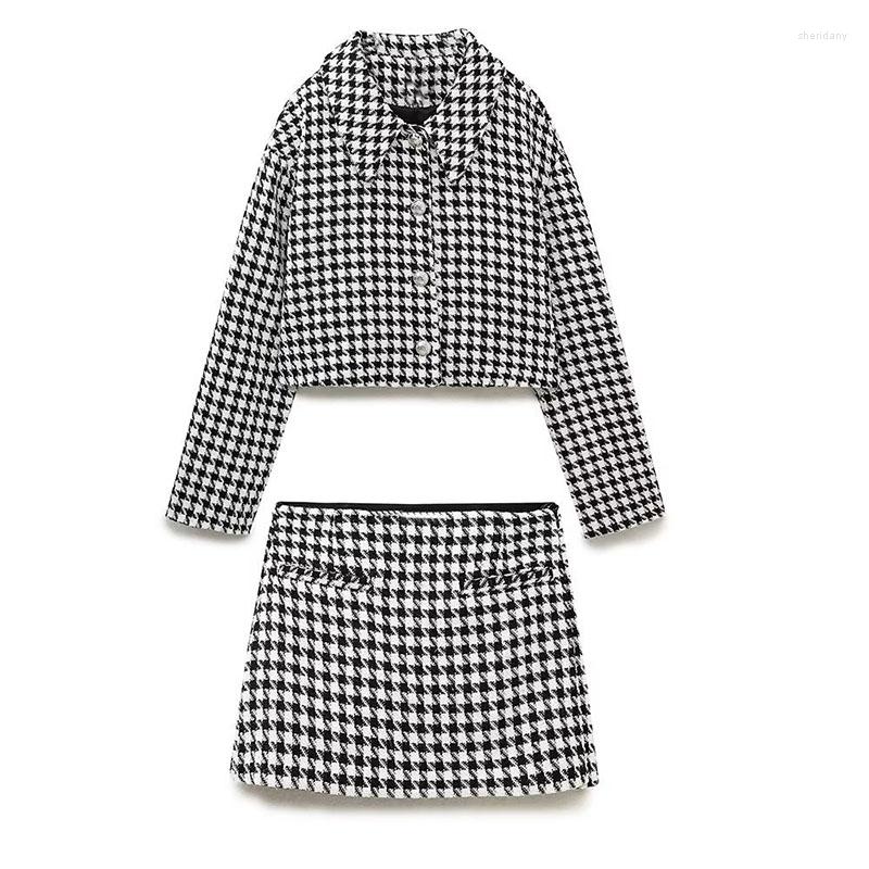 

Two Piece Dress Houndstooth Chic Office Lady Sets Of Women 2 Pieces Elegant Women's Single Breasted Long Sleeve Slim Blazer Suits Short, R172-2