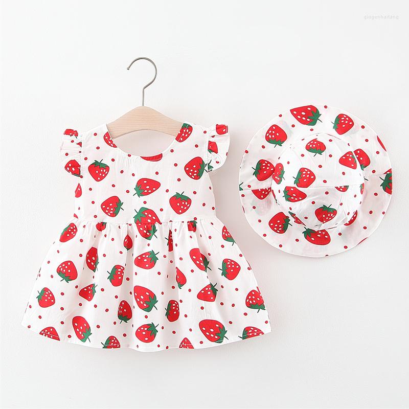 

Girl Dresses Summer Baby Dress Strawberry Print Hat 2 Piece Clothes Set Bohemia Beach Kids Children's, Random color