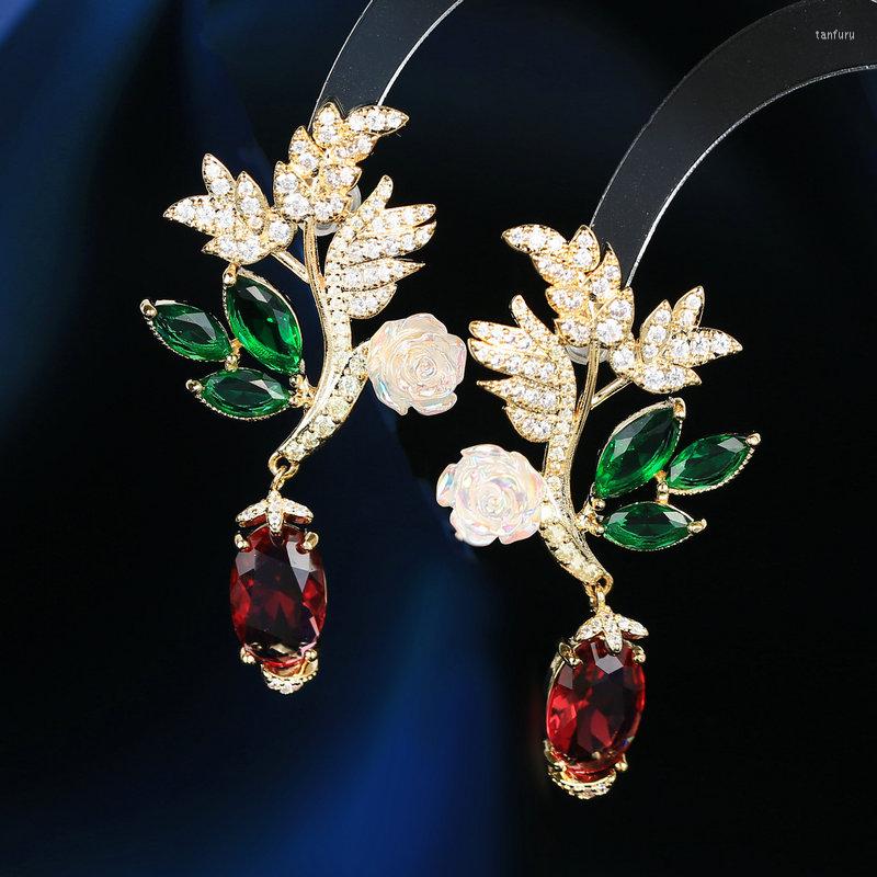 

Dangle Earrings 1pair Colorful Cubic Zircon Flowers Drop Earring Luxury Leaf For Woman Party Wedding Banquet Accessory Ear Jewelry