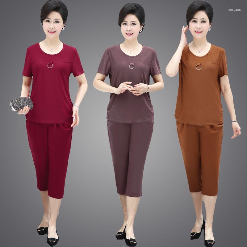 

Women's Tracksuits Middle-Aged Elderly Women's Suits 2022 Summer Short Sleeve T-Shirt Tops Pants Cotton Silk 2 Piece Set Sportsuit, Maroon