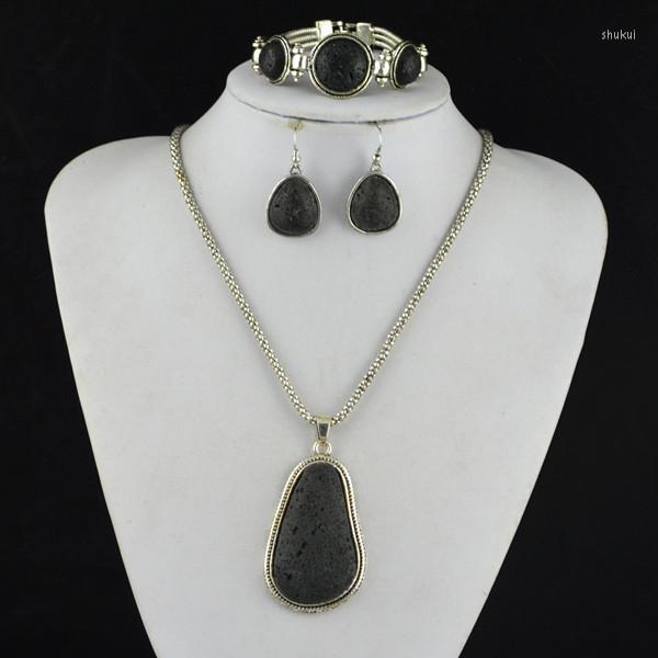 

Necklace Earrings Set S129 Black Lava Rock Volcano Stone Pendant & Earring Bracelet Jewlery Women Gift Vintage Look Tibet Alloy, Picture shown