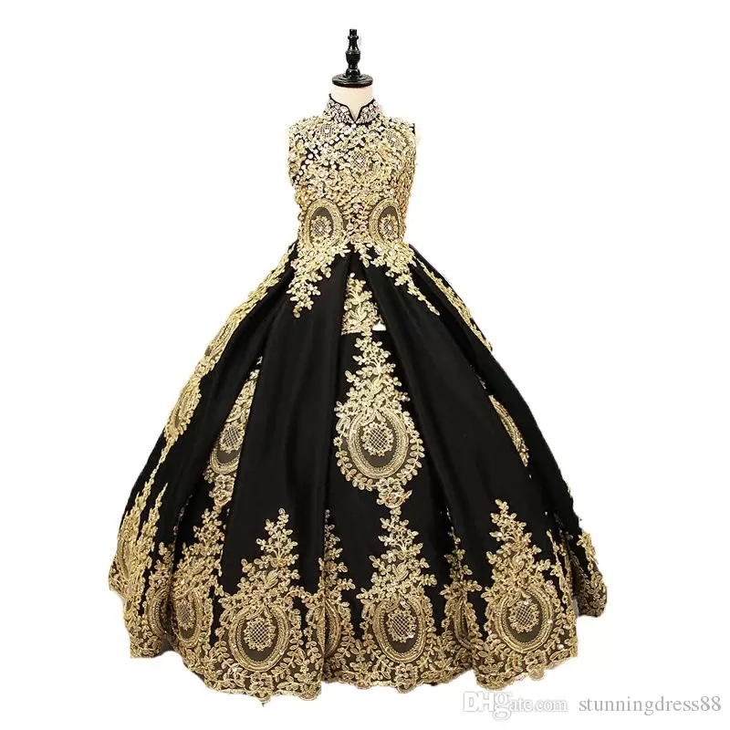 Vintage noir et or filles Pageant robes robe de bal col haut trou de serrure dos dentelle Applique cristal Corset dos enfants anniversaire enfant
