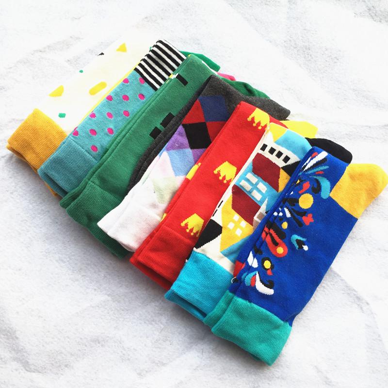 

Men's Socks 1pair Brand Quality Mens Happy 7Colors Striped Plaid Diamond Men Combed Cotton Calcetines Largos Hombre, 07