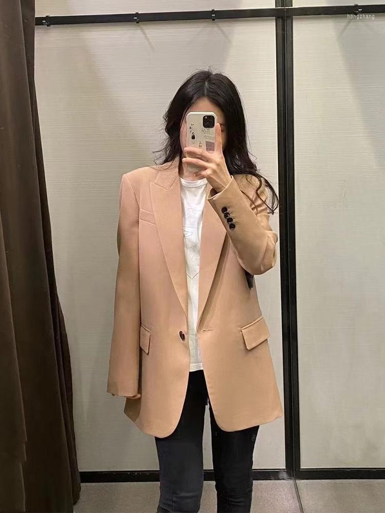 

Women's Suits ZAA Autumn 2022 Ladies Fashion Retro Casual Lapel Single Button Pocket Trim Rear Slit Quality Long Sleeve Suit Jacket, As shown