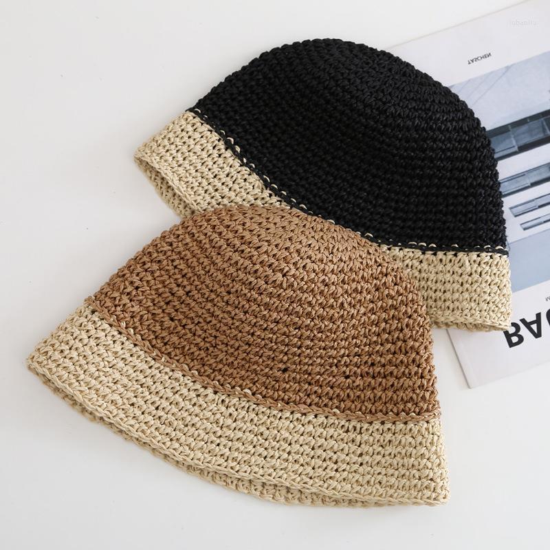 

Wide Brim Hats 2022 Fashion Women's Hat Bone Straw Bucket Patchwork Sun Visor Crochet Ladies Cap For Women Wholesale, Brown