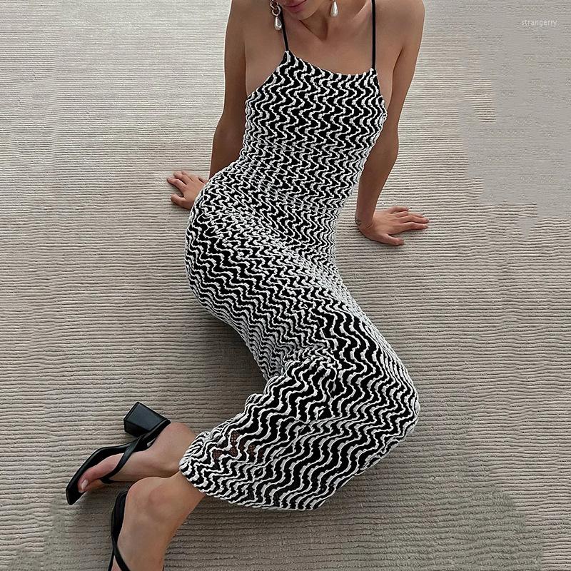 

Party Dresses Bohemian Summer Style European And American Sling Black White Ripple Contrast Color Backless Waist Thin Dress
