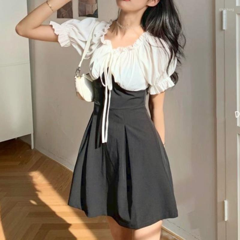 

Casual Dresses Mini Patchwork Kawaii Dress Women Puff Sleeve Korean Slim Sweet Vintage Femme One-piece Party 2022 Summer Y2k, Mini dress